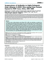 Seroprevalence of Antibodies to Highly Pathogenic Avian Influenza A H5N1 Virus among Close Contacts Exposed to H5N1 Cases China 20052008