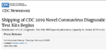 Shipping of CDC 2019 covel coronavirus diagnostic test kits begins press release for immediate release Thursday February 6 2020