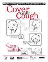 Cover your Cough Clean your Hands after coughing or sneezing poster red lettering