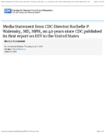 Media statement from CDC Director Rochelle P Walensky MD MPH on 40 years since CDC published its first report on HIV in the United States  media statement  for immediate release  Thursday June 3 2021