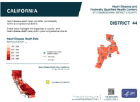 CA Congressional District 44 Heart Disease and Federally Qualified Health Centers Map 118th Congress
