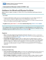Guidance for Blood and Pasma Facilities Interim Infection Control Guidance on COVID19 for Personnel at Blood and Plasma Collection Facilities March 21 2020