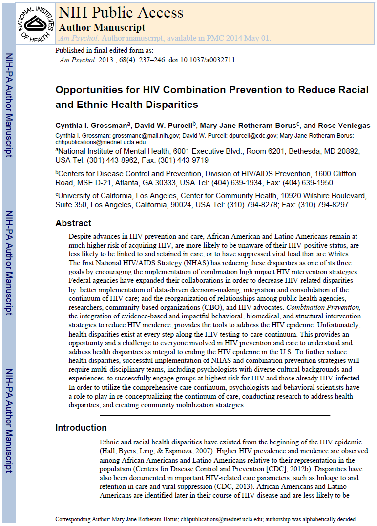 Opportunities for HIV Combination Prevention to Reduce Racial and Ethnic Health Disparities