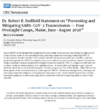 Dr Robert R Redfield statement on Preventing and mitigating SARSCoV2 transmission  four overnight camps Maine JuneAugust 2020  media statement  for immediate release Wednesday August 26 2020