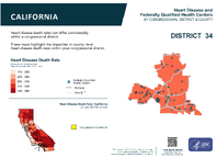 CA Congressional District 34 Heart Disease and Federally Qualified Health Centers Map 118th Congress