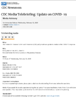 CDC telebriefing Update on COVID19 media advisory Wednesday February 12 2020