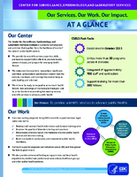 Center for Surveillance Epidemiology and Laboratory Services Our Services Our Work Our Impact Center for Surveillance Epidemiology and Laboratory Services Our Services Our Work Our Impact At a Glance