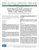 Antismoking Mass Media Campaigns and Support for SmokeFree Environments Mobile County Alabama 20112012