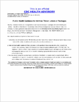 Public Health Guidance for Anthrax Threat Letters or Packages Tuesday October 09 2001 2323 EDT 1123 PM EDT