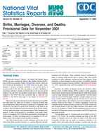 Births Marriages Divorces and Deaths Provisional Data for November 2001