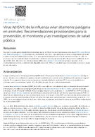 Virus AH5N1 de la influenza aviar altamente patgena en animales Recomendaciones provisionales para la prevencin el monitoreo y las investigaciones de salud pblica