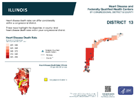 IL Congressional District 13 Heart Disease and Federally Qualified Health Centers Map 118th Congress