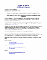 Update on Public Health Precautions Related to Orange Threat Level Part 1 December 31 2003 1825 EST 625 PM EST