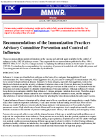 Recommendations of the Immunization Practices Advisory Committee Prevention and Control of Influenza