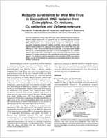 Mosquito surveillance for West Nile virus in Connecticut 2000 isolation from Culex pipiens Cx restuans Cx salinarius and Culiseta melanura