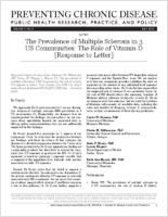 The Prevalence of Multiple Sclerosis in 3 US Communities The Role of Vitamin D Response to Letter