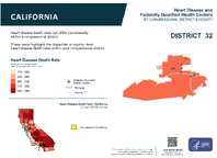 CA Congressional District 32 Heart Disease and Federally Qualified Health Centers Map 118th Congress