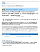 Provisional Death Counts for Coronavirus Disease COVID19 weekly statespecific data updates by select demographic and geographic characteristics 20200420