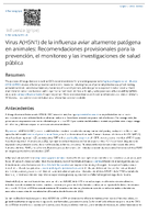 Virus AH5N1 de la influenza aviar altamente patgena en animales Recomendaciones provisionales para la prevencin el monitoreo y las investigaciones de salud pblica