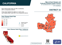 CA Congressional District 34 Heart Disease and Federally Qualified Health Centers Map 119th Congress