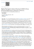 Highly Pathogenic Avian Influenza A H5N1 Virus Infection Reported in a Person in the US  CDCs Risk Assessment for the General Public Remains Low
