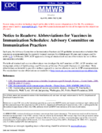 Notice to readers Abbreviations for vaccines in immunization schedules Advisory Committee on Immunization Practices MMWR 2009 58 13 342