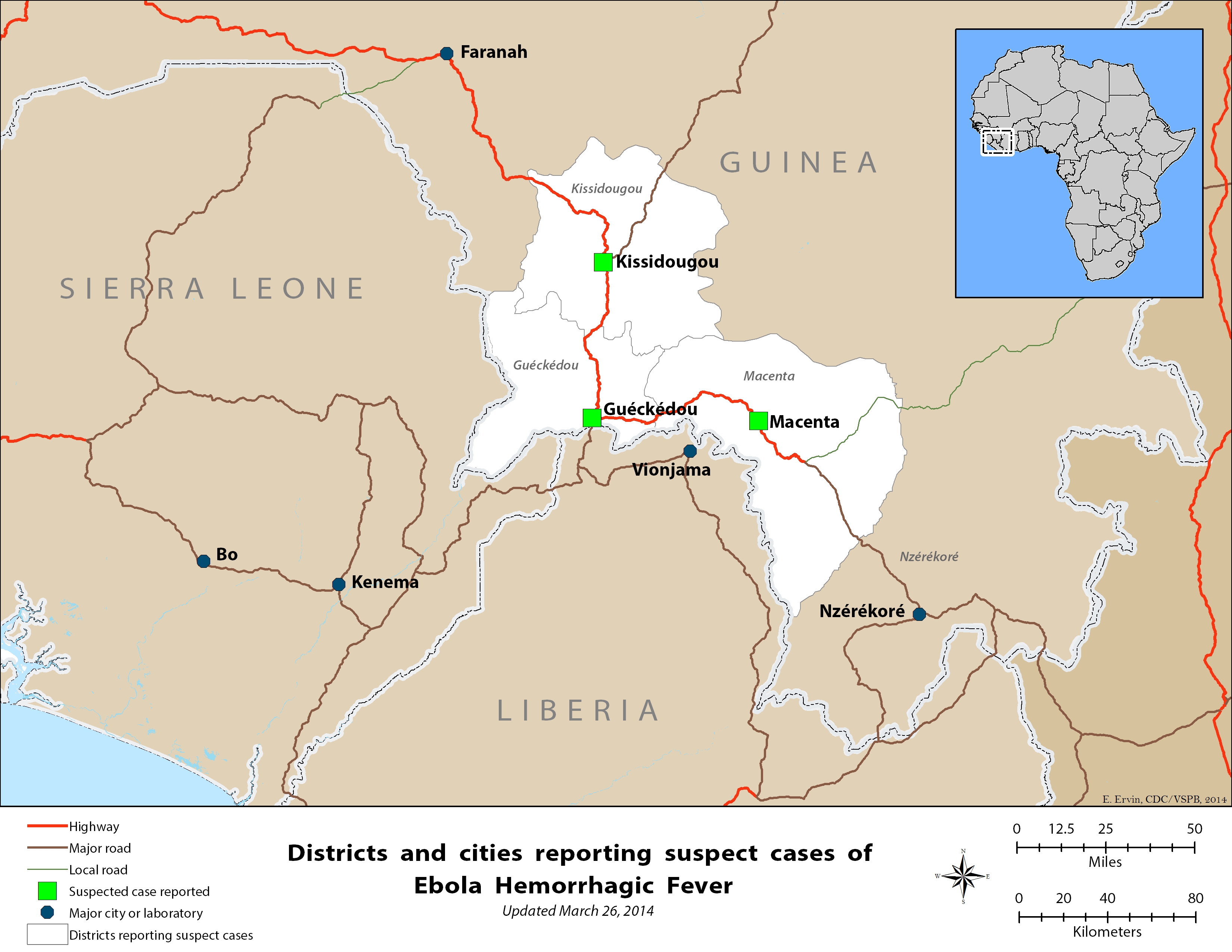 Districts and cities reporting suspect cases of Ebola hemorrhagic fever (updated March 26, 2014)