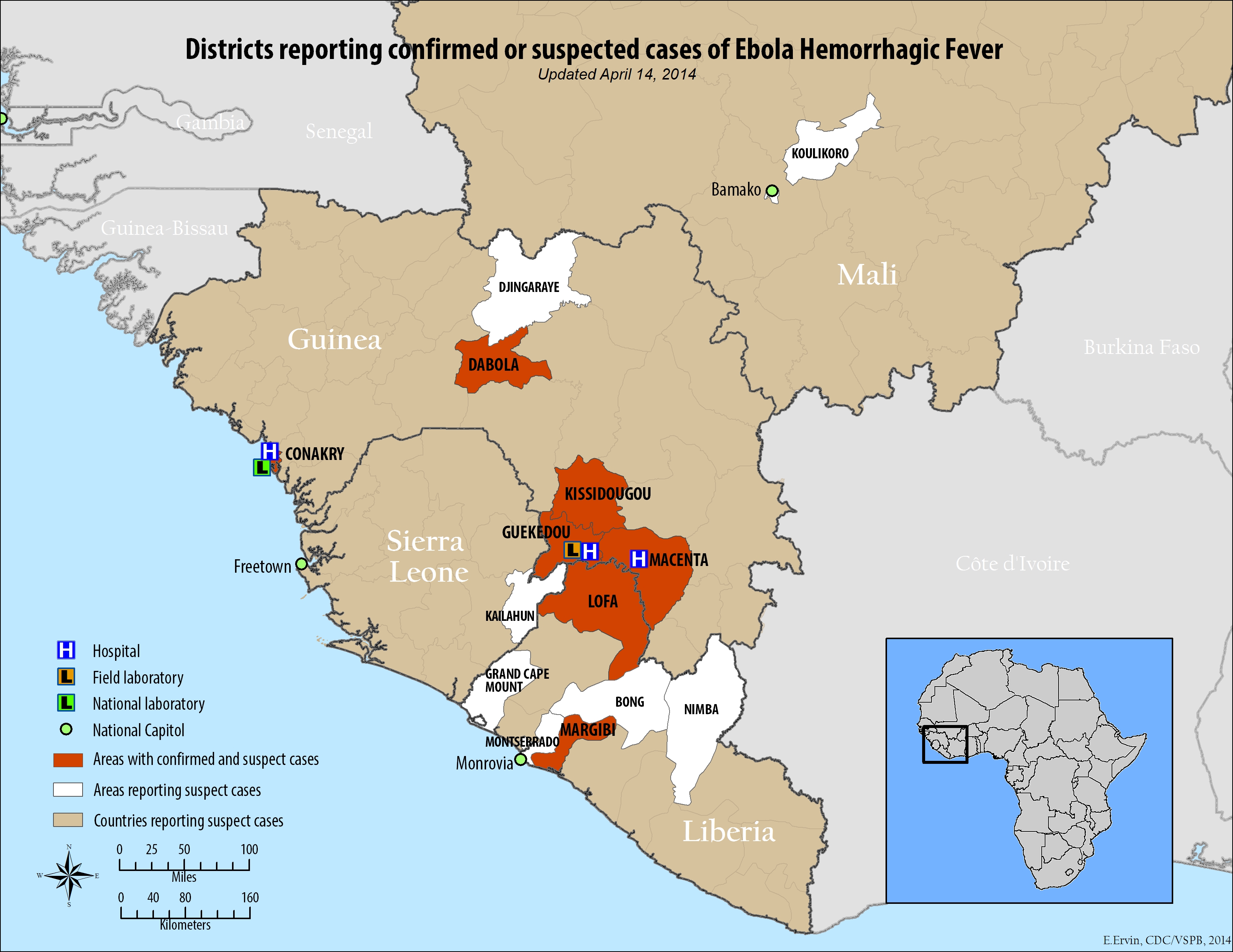 Districts and cities reporting suspect cases of Ebola hemorrhagic fever (updated April 14, 2014)
