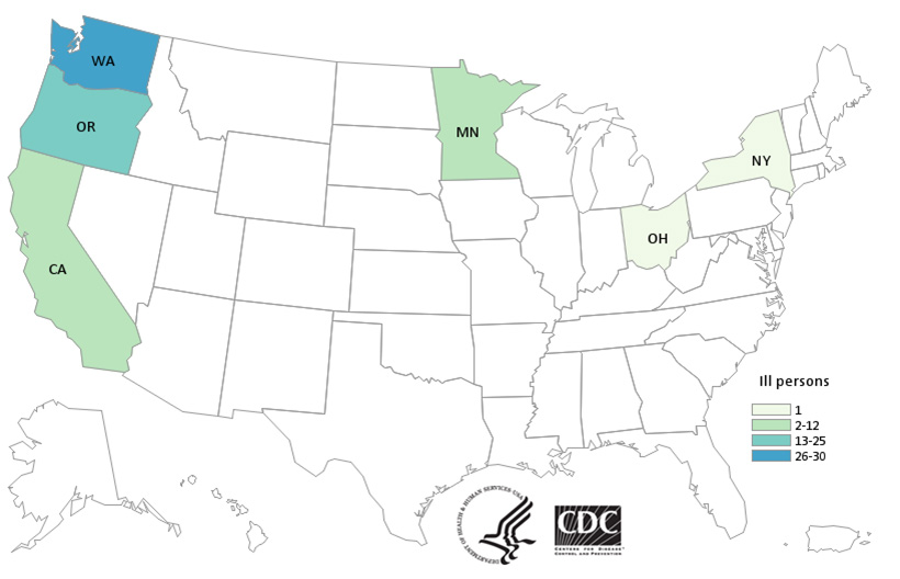 People infected with the outbreak strain of E. coli O26, by state of residence, as of November 19, 2015 (n=45)
