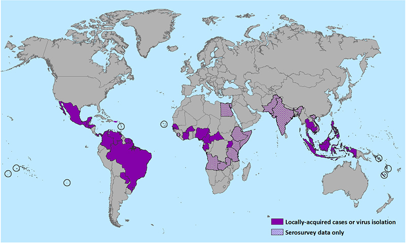 Countries that have past or current evidence of Zika virus transmission (as of December 2015)