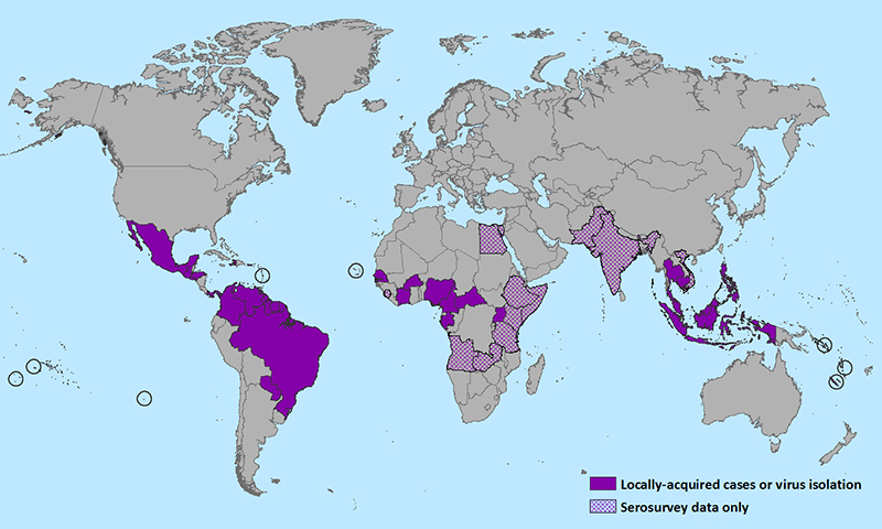Countries that have past or current evidence of Zika virus transmission (as of January 2016)