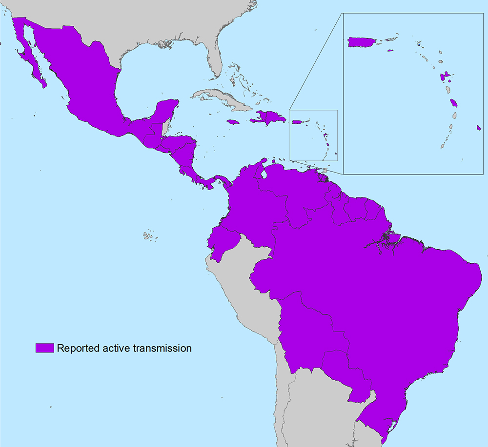Countries and territories in the Americas with active Zika virus transmission