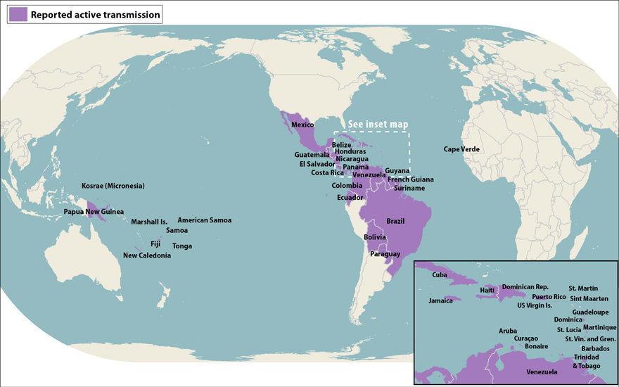 All countries and territories with active Zika virus transmission (as of April 29, 2016)