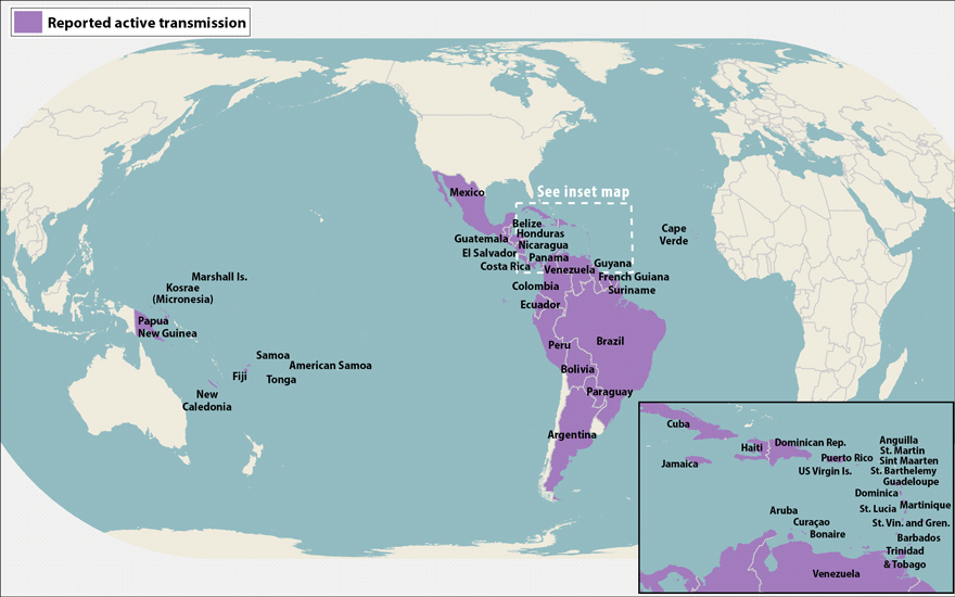 All countries & territories with active Zika virus transmission as of June 30, 2016